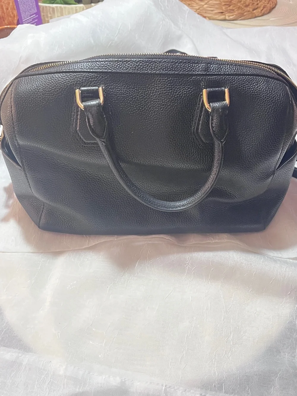 MICHAEL KORS Black Leather Satchel with Gold Hardware